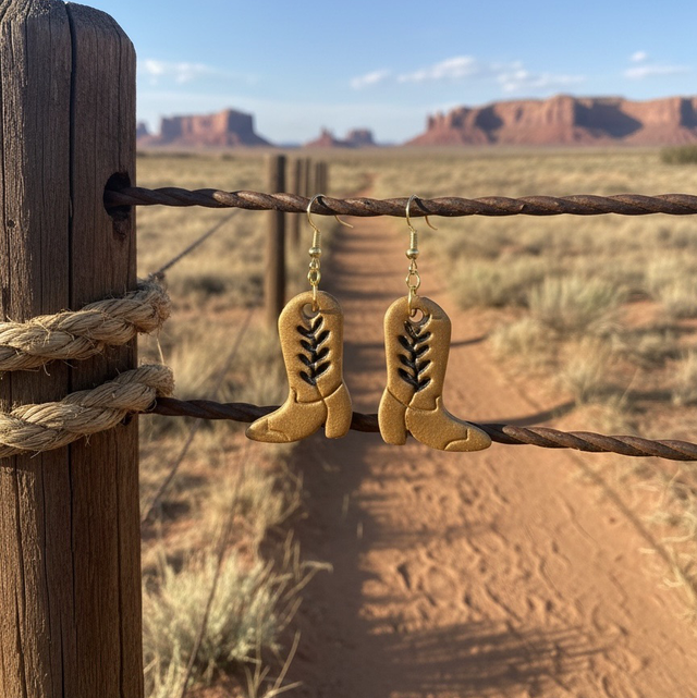 Gold and Black Medium Polymer Clay Cowboy Boot Earrings