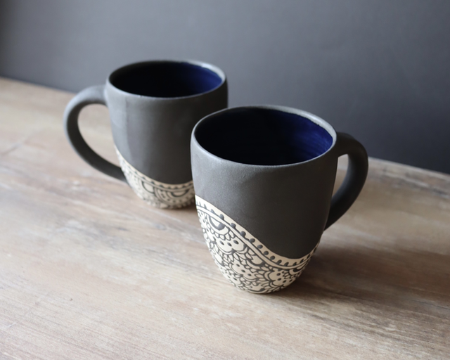 Matt Black Large Mug with Handdrawn Patterns