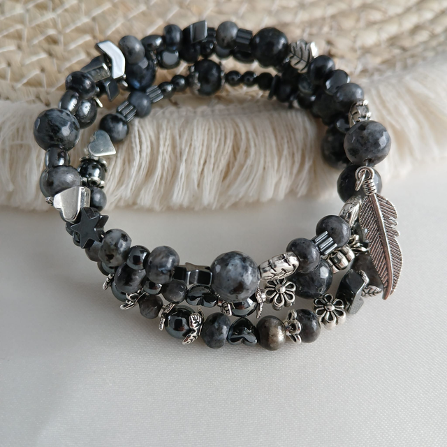 Dames wikkelarmband Labradoriet en Hematiet - rvs met bedel (1.304)