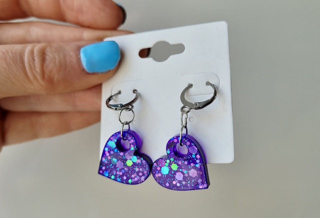 Earrings | Purple Glitter Hearts | Stainless Steel Hoops