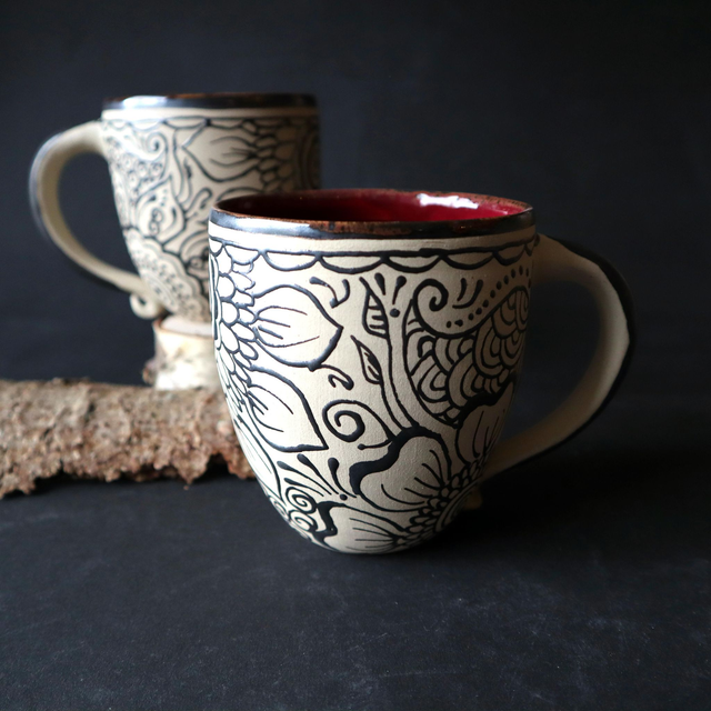 Large Stoneware Mug with Henna Mandala Patterns
