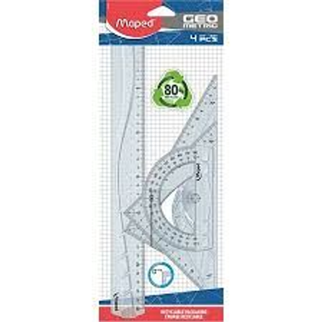 MAPED Kit traçage 4 pièces GEOMETRIC : 1 règle 30 cm + 1 équerre 45° + 1 équerre 60° + 1 rapporteur 180°