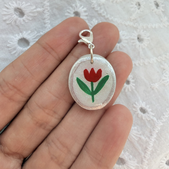 Red Tulip Silver Frame Oval Charm
