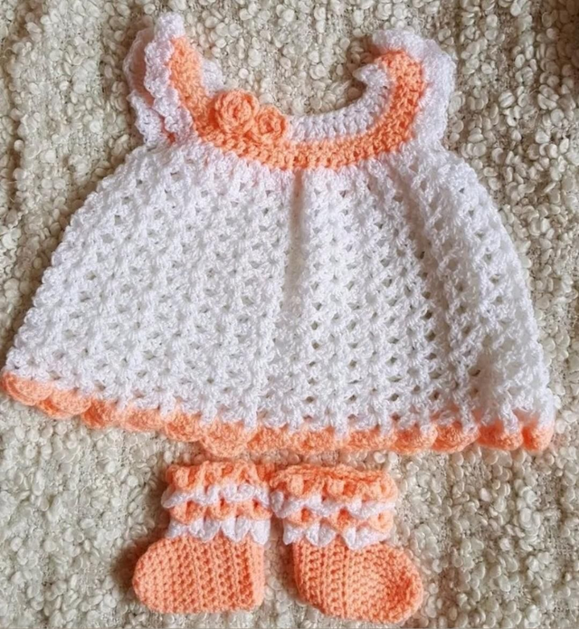 Crochet Dress Booties Set White Peach 9-12m unique