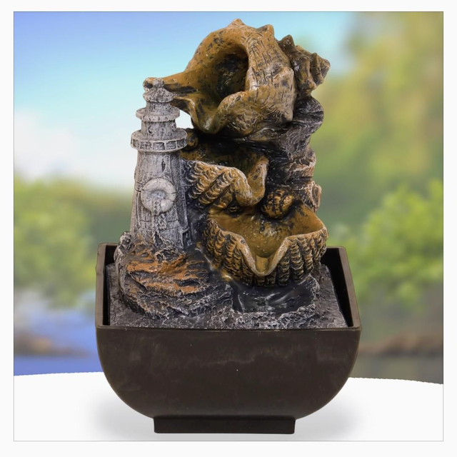 "Phare et coquillages" - Fontaine en résine 24 cm