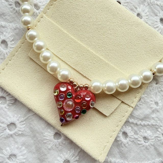 Ruby – Red Gem Heart & Pearl Beaded Necklace