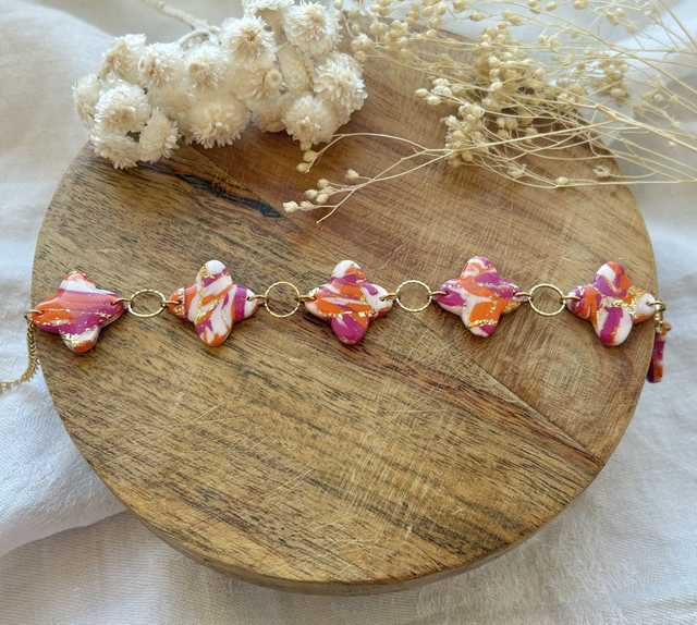 Bracelet trèfles - orange/fuchsia