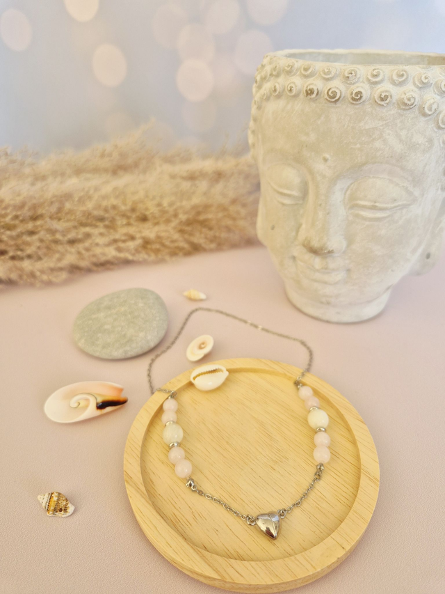 Collier CŒUR NOMADE – Quartz Rose du Brésil &amp; Pierre de Lune beige d’Inde