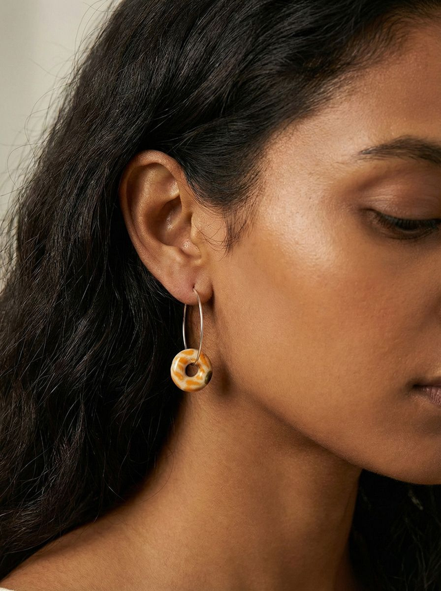 Orange Flower Circle Loop Ceramic Earrings