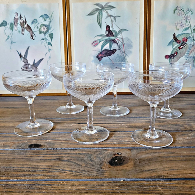 X Coupes à Champagne anciennes en cristal guilloché (lot de 6)