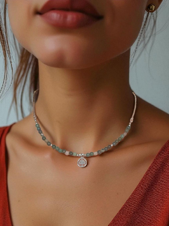 Ras de cou Argenté "Agate Mousse" &amp; Symbole Sacré – Bijou lithothérapie