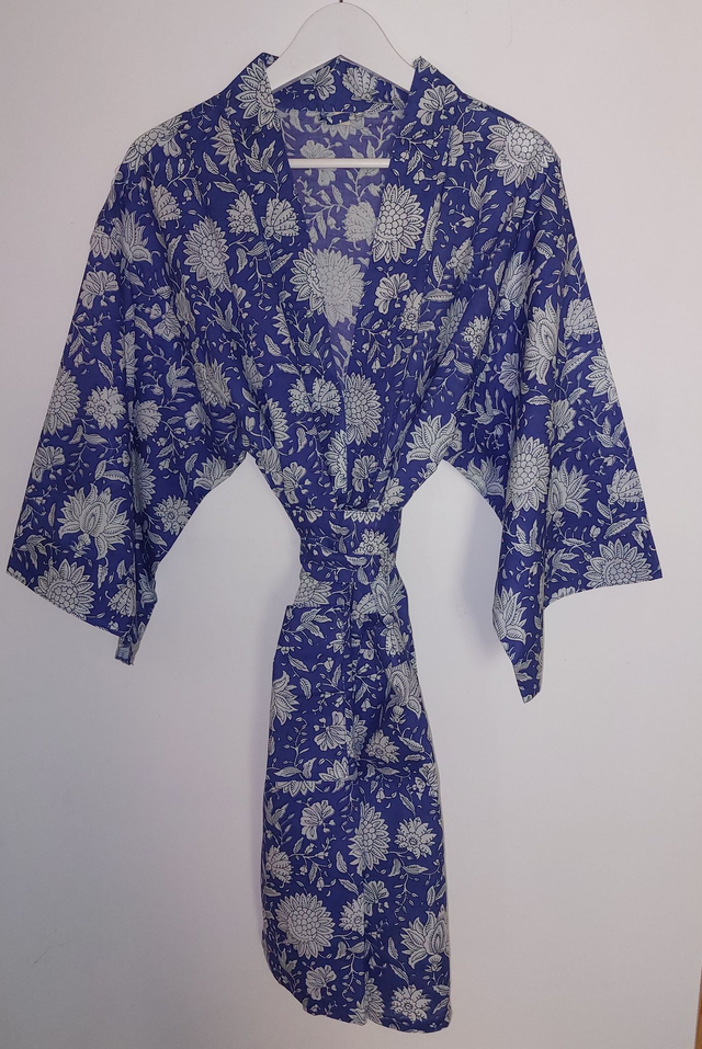 Robe kimono en coton, peignoir, robe de chambre, motif floral blanc et bleu, L.100cm  