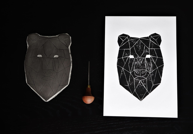 Linogravure A4 Ours Géométrique