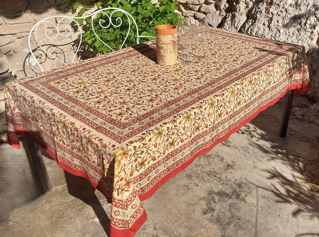 Grande nappe rectangulaire imprimée à la main, coton, motif floral jaune et marron