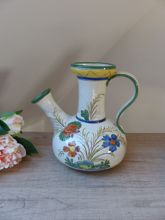 Rare Grand Pichet Carafe Chevrette en terre cuite émaillée de Fleurs Artisanat Italien Numéroté Vintage, Pichet Antique Peint Main Floral