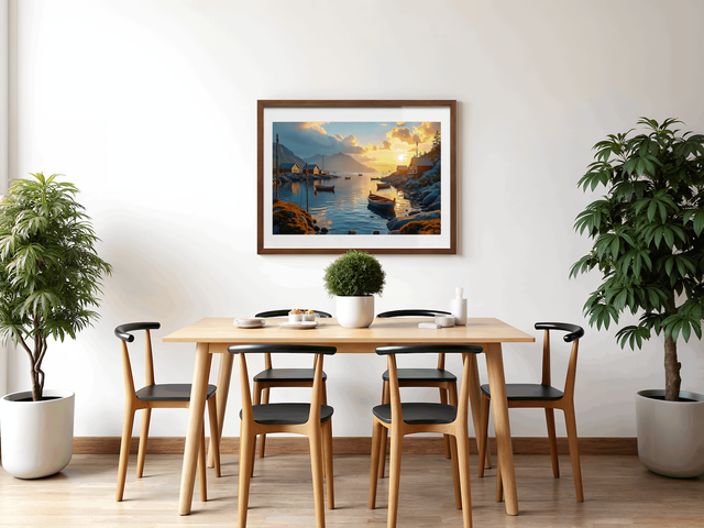 Tableau Village Nordique – Soleil de Minuit | Photo Encadrée Qualité Musée, Décoration Murale Apaisante