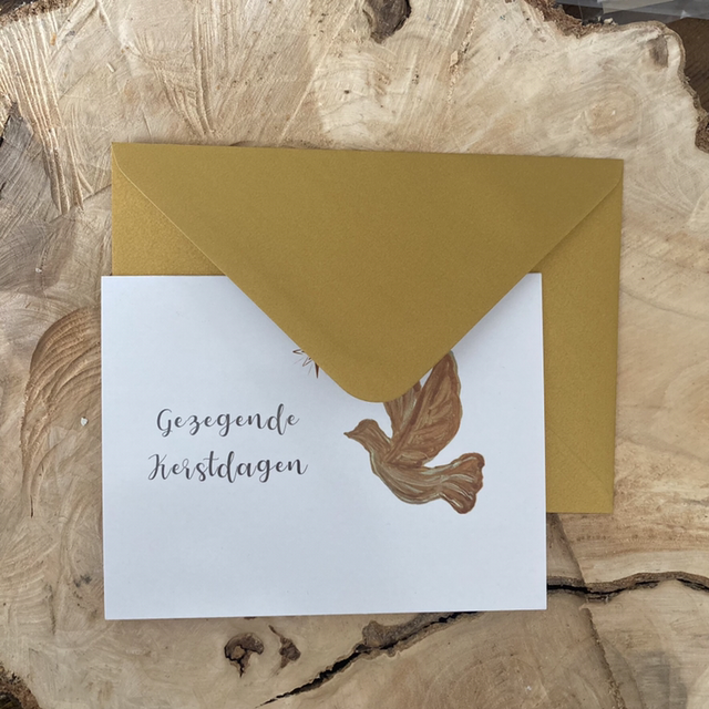 Luxe Christelijke Kerstkaart Gezegende kerstdagen Duif | dubbele ansichtkaart met goudkleurige envelop  