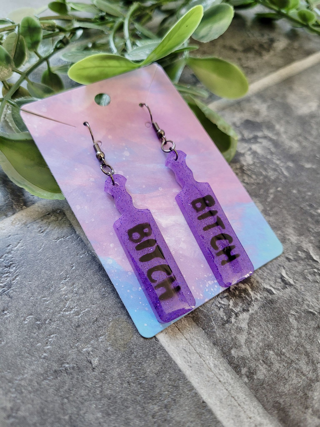 Earrings | Glitter Purple BITCH earrings  | Stainless Steel Gunmetal Black Hooks