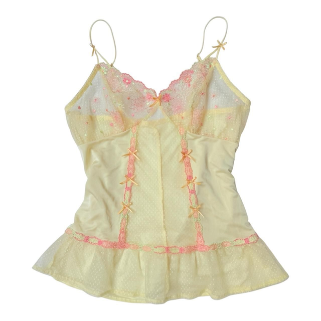 Japanese brand coquette yellow and pink floral sheer embroidered cups cami
