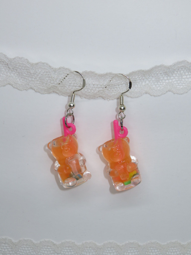 Boucle d'oreille verre ourson orange
