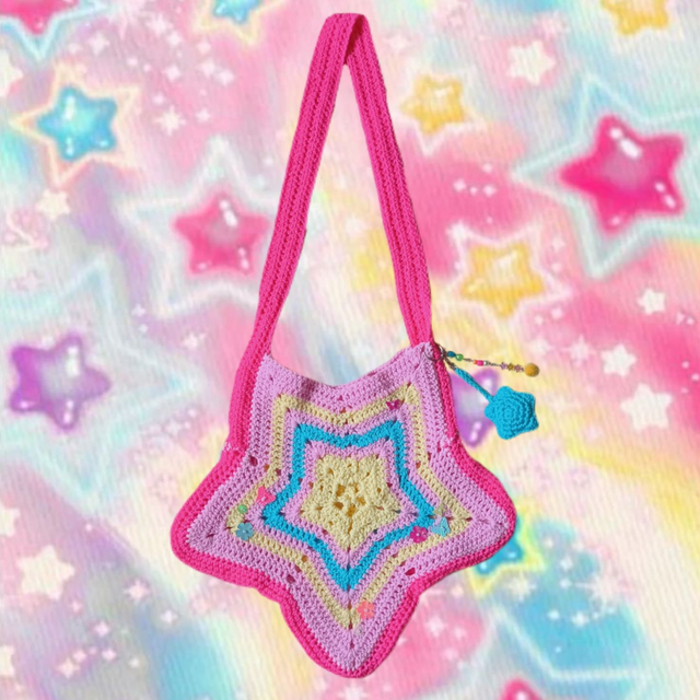 Pink Tamagotchi crochet star bag 