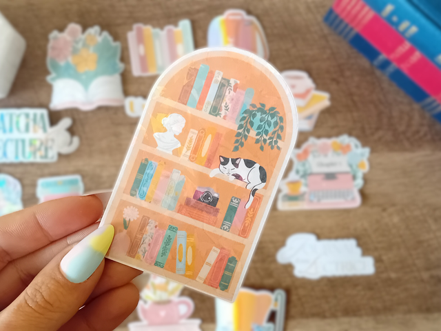 Sticker Holographique Waterproof - Bibliothèque avec un Chat