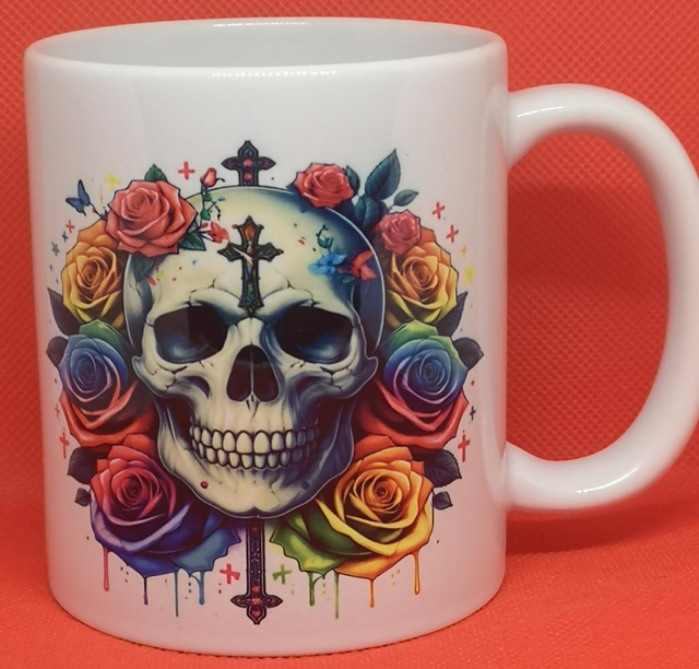 Custom Designed and Printed Skull with Rainbow Roses and Crosses Mug. 