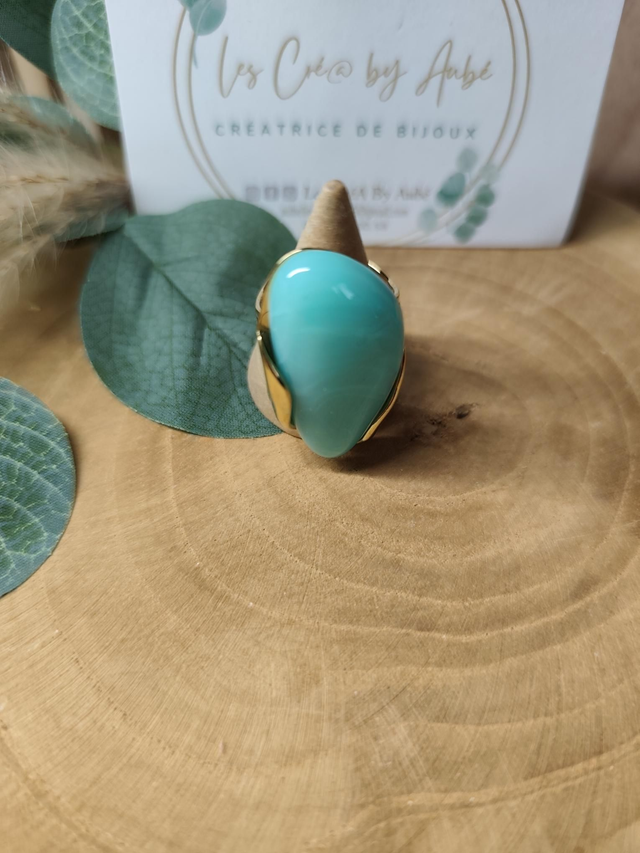 BAGUE RESINE BLEU AZUR/ ACIER INOXY GOLD/ AJUSTABLE 0000849