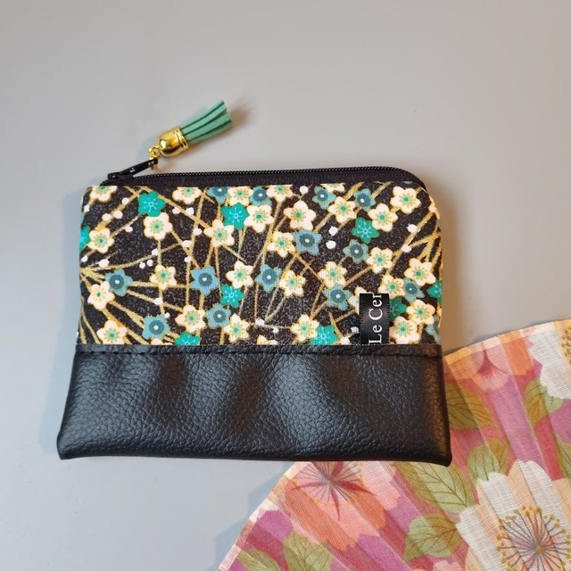 Porte-monnaie zippé "Haru" vert & simili cuir