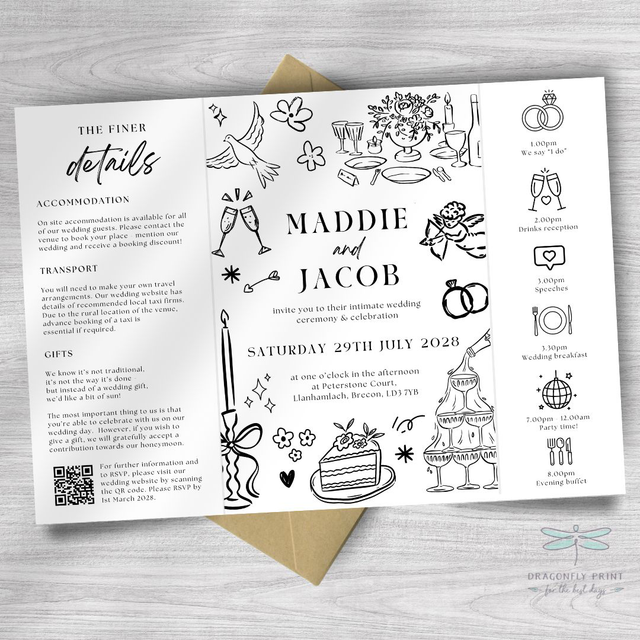 “Maddie” whimsical doodle design - Nothing fancy, just love - Black and white monochrome - Gatefold Wedding invitation
