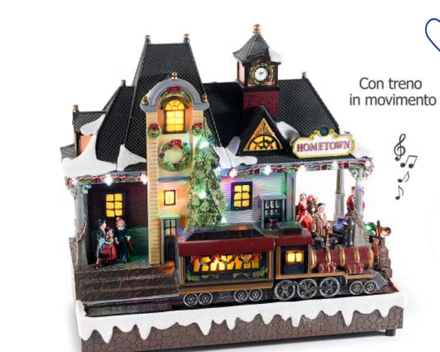 Stazione treno natalizia in resina movimento, luci e musica