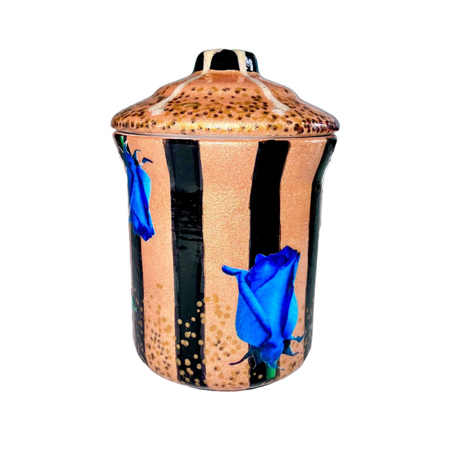 Gold Upcycled Jar - &quot;Blue Roses and Lizard&quot; - by House of Frisson