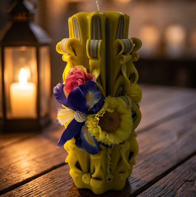 Hand-Carved Pillar Candle – Artisan Decorative Candle - Yellow with Flowers JC54