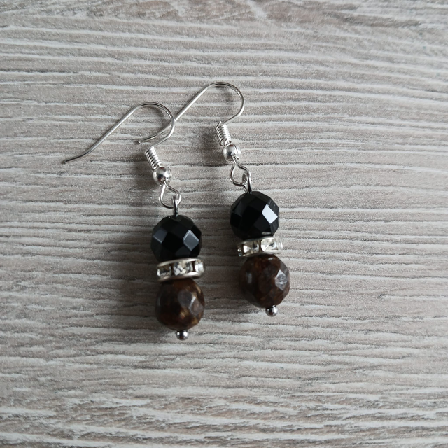 Dames oorbellen Bronziet en Onyx - rvs spacers (1.314-3)