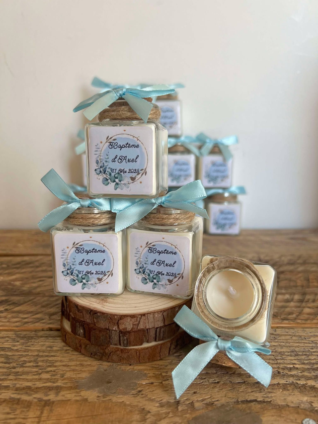 Pots en verre avec  bougie ou dragées ou vide  personnalisés avec couronne fleurs ! 