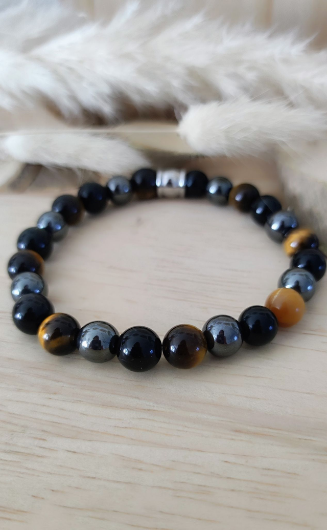 Bracelet "Triple Protection" Oeil de tigre, Obsidienne et Hématite