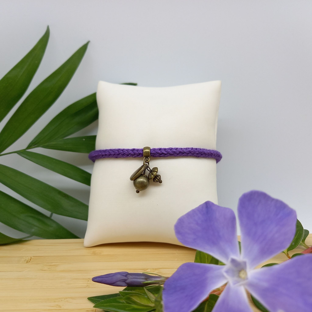 Parure violette et bronze - Bracelet tricoté violet