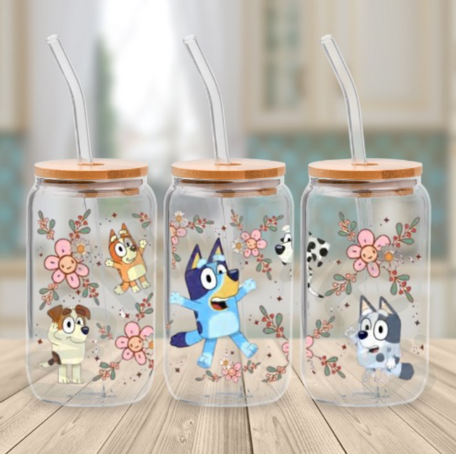 Canette en verre - Bluey Fleuri