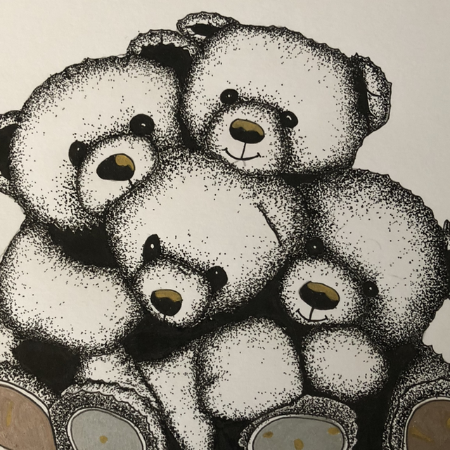 Ours famille de 4 - 21 x 27 cm - encadrement noir &amp; bois 