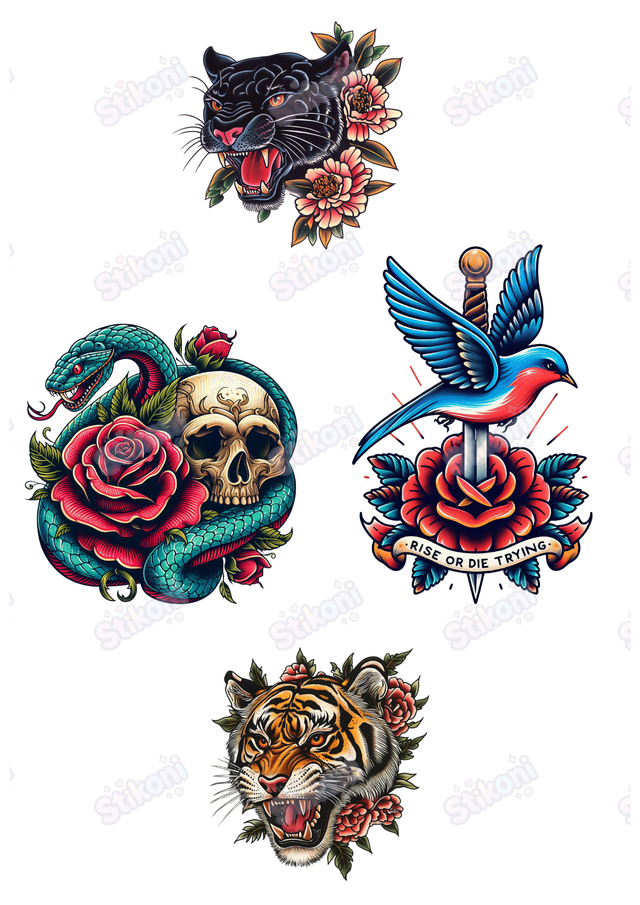 Traditional Style Temporary Tattoos – Set of 4