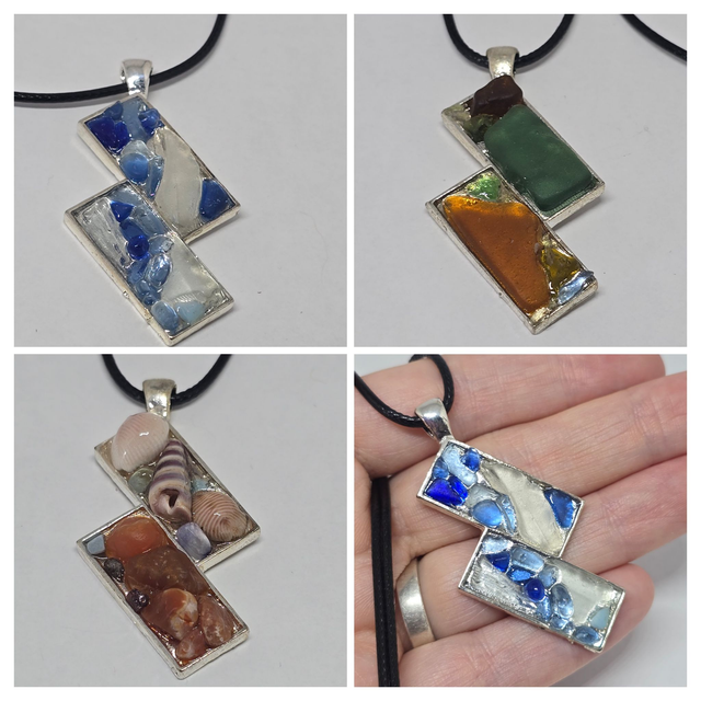 PN3 Double Rectangle Pendant with Seaglass, Sea Pottery & Gemstones