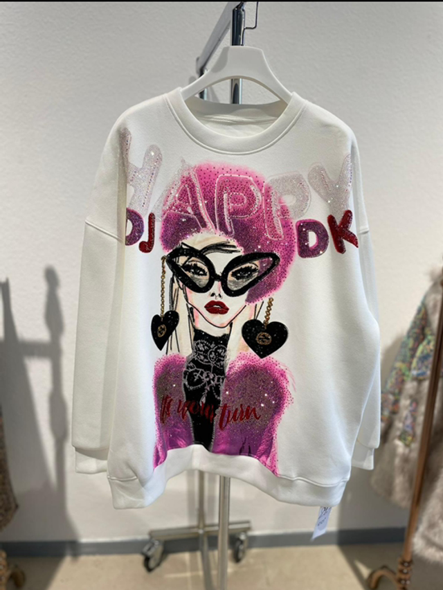 Sweatshirt „HappyLady“ weiß/bunt