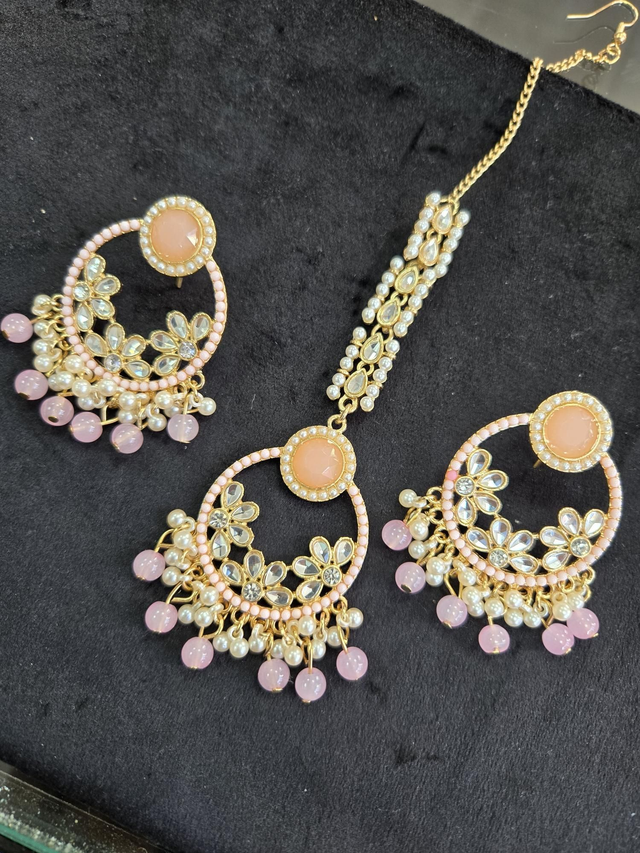 Baby pink tikka and earrings set