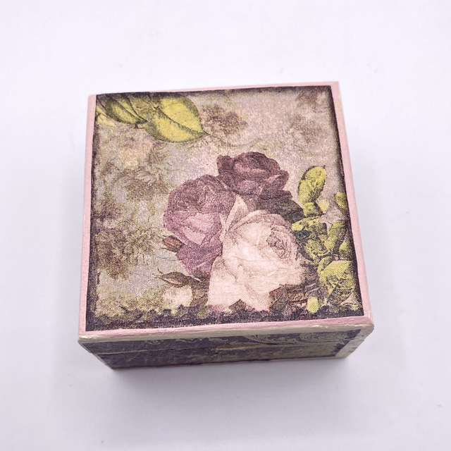 Wooden Trinket Box Decoupaged by Hand Wooden Flowers and Labels Design