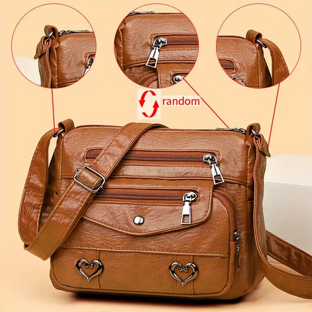 Retro Multi Pockets Crossbody Bag, Soft Faux Leather Shoulder Bag, Heart Decor
