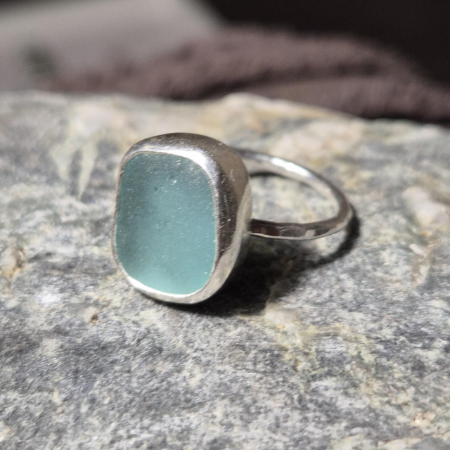 Size L Sea Glass and Sterling Silver Ring Fully Hallmarked 