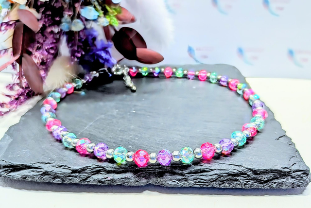 Neon Style Glass Pink, Turquoise & Purple Stainless Steel Beaded Anklet