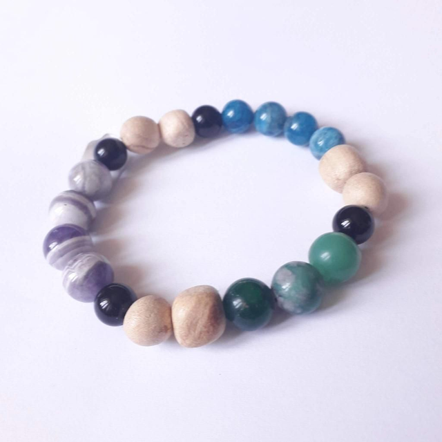 Chevron Amethyst- Chrysoprase- Apatite- Obsidian Palo Santo Bracelet