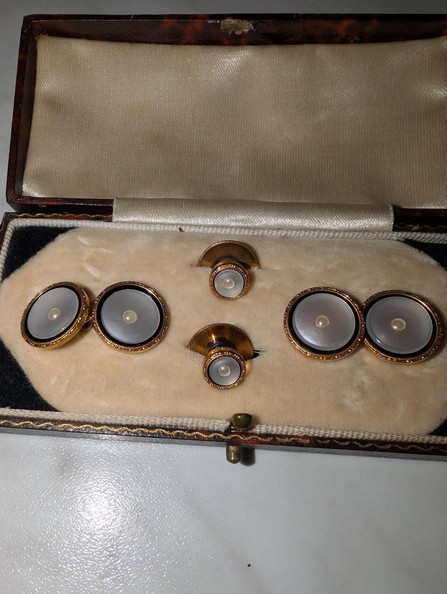 
1930s Deco 9ct Gold &amp; Gilt, Onyx and Pearl Cufflinks in Original Case