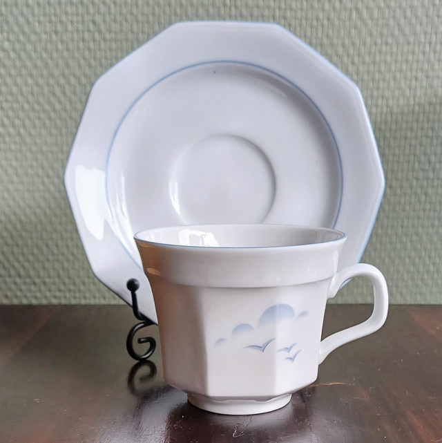 Winterling | Kop (diameter 7,5 | hoogte 6,5 cm) en Schotel (diameter 13,5 | hoogte 2 cm) 8 kantig Wit blauwe bies &#039;Wolk en Vogels&#039;